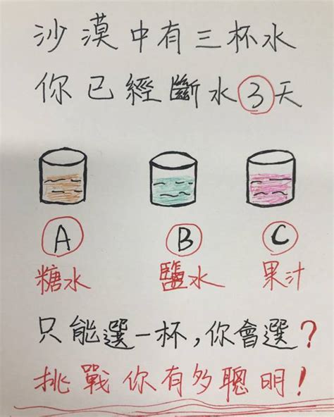 沙漠中有三杯水|沙漠中有三杯水，你已經斷水3天！只能選一杯，你會。